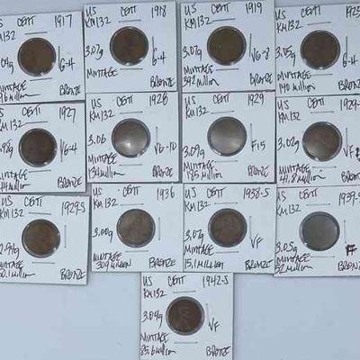PTH361 Carded And Graded Pennies 1917-1942