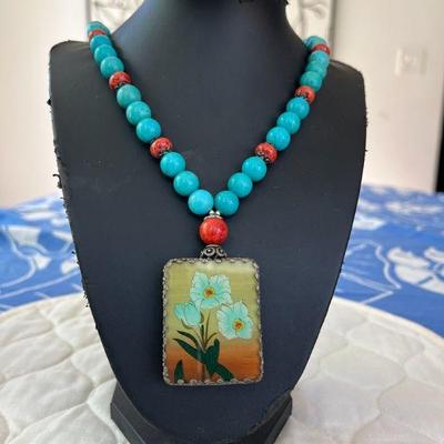 PTH055- Myrna Lee Chang Turquoise & Coral Bead Necklace With Antique Peking Glass Pendant 