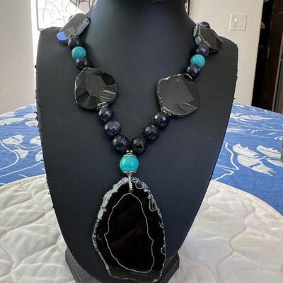 PTH050- Genuine Myrna Lee Chang Obsidian Moonstone & Turquoise Bead Necklace