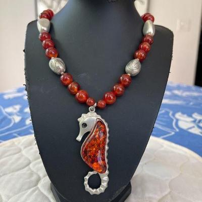 PTH053- Beautiful Myrna Lee Chang Carnelian Necklace With Sea Horse Pendant