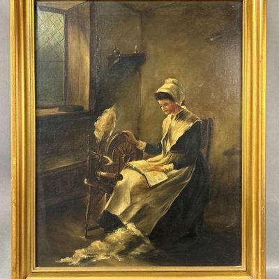 Lot 405 | Antique Oil Painting Woman Reading And Sewing
