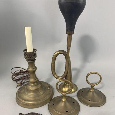 Lot 148 | Vintage Brass Rubber Horn, Lamp Base & More
