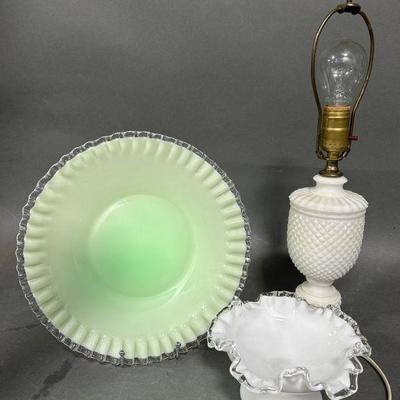 Lot 199 | Uranium Custard Ruufled Glass Platter & Milk Glass
