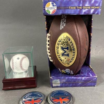 Lot 473 | Signed Baseball & Football, Detroit Triumph Badges
