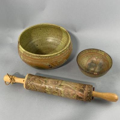 Lot 236 | Vintage Pottery Rolling Pin & Bowls
