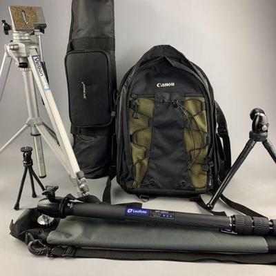 Lot 454 | Various Tripods and & Backpack Camera Case
