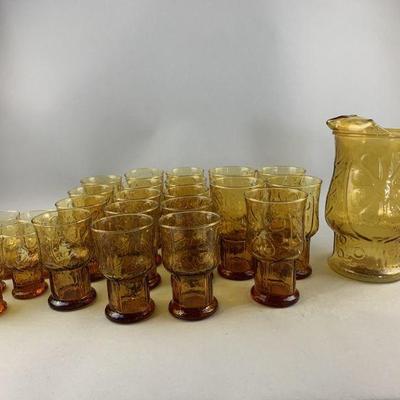 Lot 461 | MCM Libbey Country Garden Amber Pitcher & Glasses
