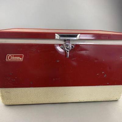 Lot 393 | Vintage Coleman Red Enamel 22" Cooler w Handles

