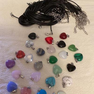 MCS008 Twenty-Five Polished Stone Heart Shaped Pendants With Cord Necklaces New