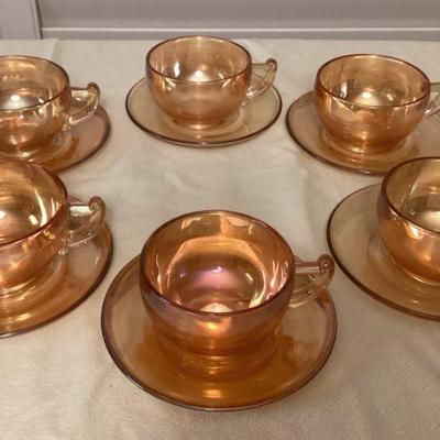 MCS238 Set Of Six Vintage Marigold Carnival Glass Teacups & Saucers 
