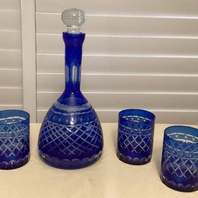 MCS064 Bohemian Cobalt Blue Cut To Clear Crystal Decanter & Cups Set