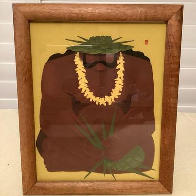 MCS174 Koa Framed Picture Of A Native Hawaiian Man Weaving Lauhala Leaves