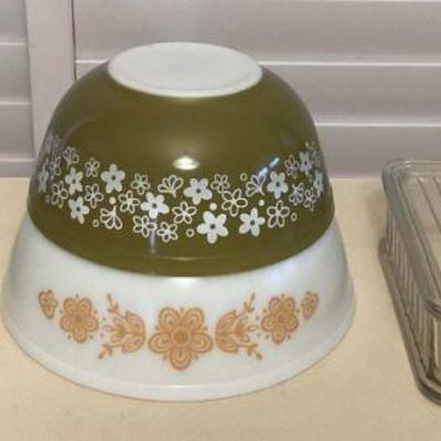 MCS076 Vintage Pyrex, GE Refrigerator Dish & Roly Poly Spaghetti String Cups