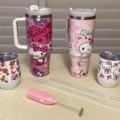 MCS039 Hello Kitty Stainless Steel Insulated Tumblers Cups With Lids & Mini Beverage Mixer New