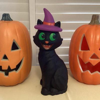 MCS166 Halloween Black Cat Blow Mold & Two Lighted Pumpkins New
