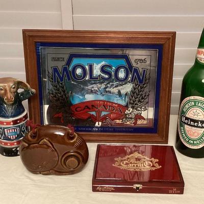 MCS026 Brewery Sign, Collectible Liquor Bottles, Giant Heineken Beer Bottle & Wooden Cigar Box