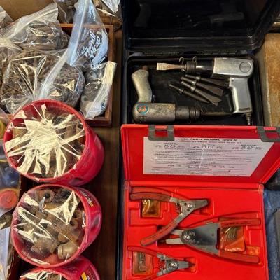 Sale Photo Thumbnail #21: Vintage ward pipe fittings. Snap ring pliers kit. Air hammers. Vintage bolts and fittings