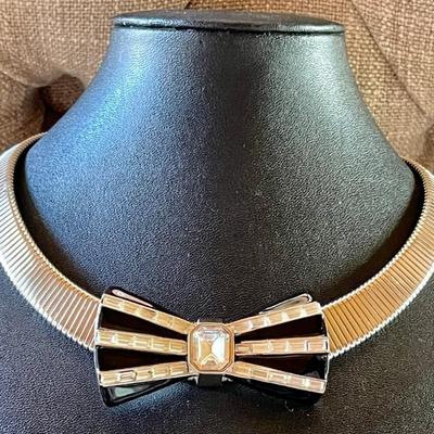 Vintage Givenchy Silver Snake 17 Inch Necklace With Black & Rhinestone Enamel Bow 