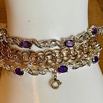 Vintage Gold Filled Elco 8 Inch Charm Bracelet & Two Silver Tone Bracelets With Purple Stones 7.5 Inches Each