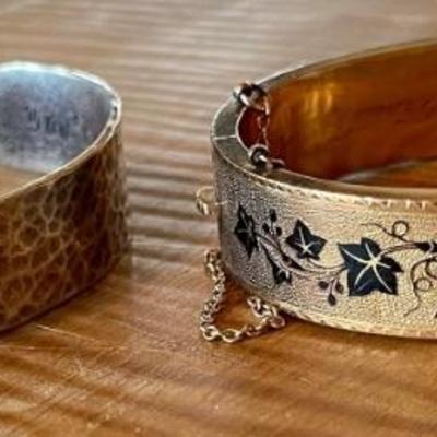 2 Vintage Bracelets - Yoga Silver Tone & Damascene Rolled Gold Hinged Bangle Bracelet