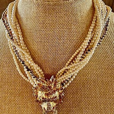 Vintage Craft (Gem-Craft) Gene Verri Designed Lion Head, Pearl And Pave Crystal Torsade Choker Necklace