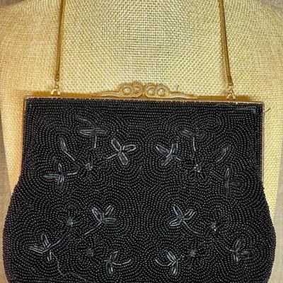 Mid Century Black Seed Bead Evening Bag With Floral Design & Gold Tone Handle & Clasp - Made In Japan