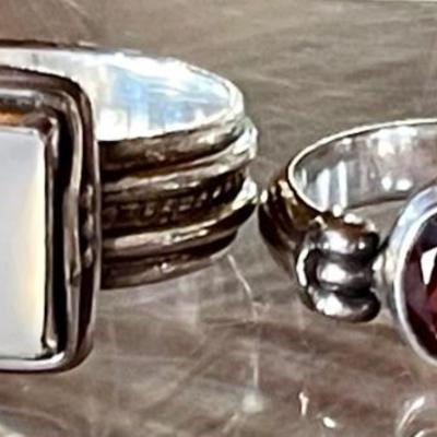 (2) Vintage Sterling Silver Rings - Size 6 - Faceted Garnet & Moonstone Cabochon - Total Weight 10.78 Grams