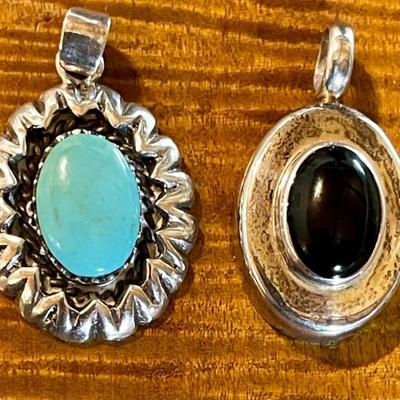 (2) Sterling Silver Pendants (1) Turquoise And (1) Black Onyx - Total Weight 16.38 Grams 