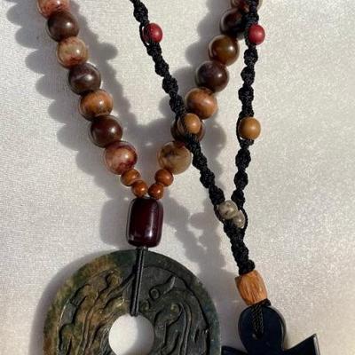 Vintage Chinese Carved Double Dragon Disc With Stone & Wood Bead & Black Stone W Material Cord & Beads