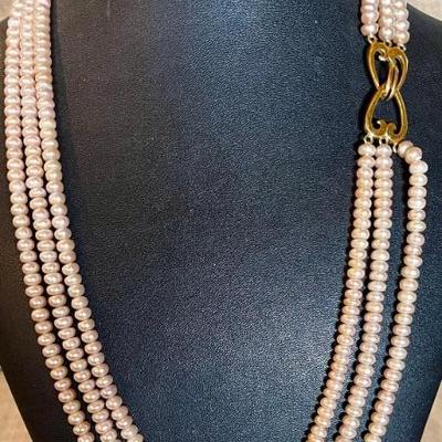 Three Strand Pink Pearl 22 Inch Necklace With Gold Wash 925 Heart Clasp