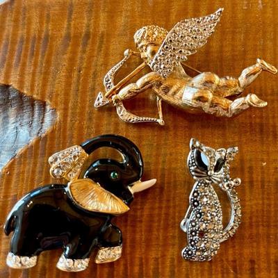 1980's Enamel & Rhinestone Pins - Lucky Elephant (as Is) - Silver Tone Cat & Cupid With Arrow 