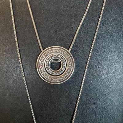 2 Brighton Silver Tone Necklaces - Reversible Heart W Rhinestones & Central Park Double Disc Pendant 
