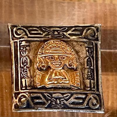 Peru Sterling Silver & 18K Gold Inca Warrior King Pin Brooch - Total Weight 7.8 Grams 