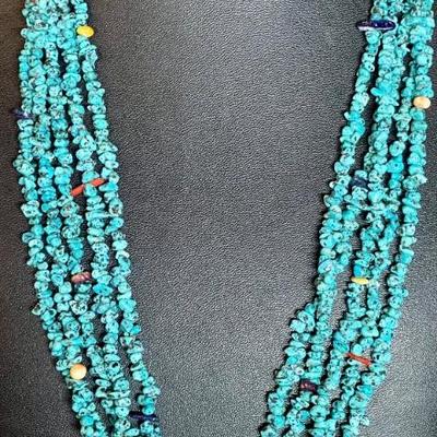 Anna Begay Navajo 5 Strand Sterling Silver - Turquoise - Coral & Heishi Bead 22 Inch Necklace 