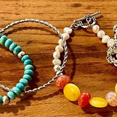 4 Vintage Bracelets - Stretch Sunflower With Stone Beads & Freshwater Pearls - Turquoise & 2 Silver Tone 
