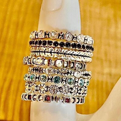 (8) Silver Tone & Assorted Color Rhinestone Band Stacking Rings Size 9.5-10 