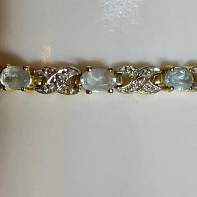 Gold Wash Sterling Silver & Blue Topaz 7 Inch Tennis Bracelet - Total Weight 11.6 Grams 