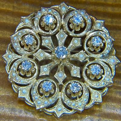Kurt Goldscmidt  Antique Victorian !4K Gold Pendant Pin W 9 Diamonds & Seed Pearls - Total Weight 10.9 Grams 