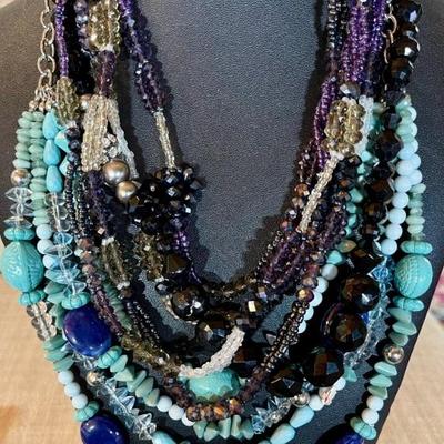 (2) Chico's Multi Strand Seed Bead And Plastic Bead 20 Inch Necklaces & (1) Black Plastic Bead Necklace 