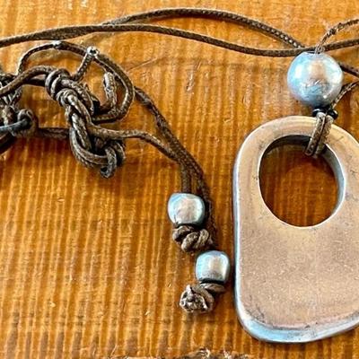 Vintage Brutalist Silver Tone Pendant Material Cord Necklace With Ball Bead Tips (as Is) 