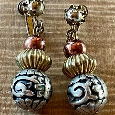 Pair Of Miriam Haskell Boho Stamped Metal Bead Screw Back Dangle Earrings 