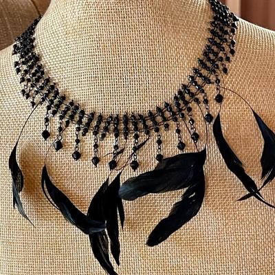 Delicate Eyelash Feather & Black Faceted Bead 14" Choker 