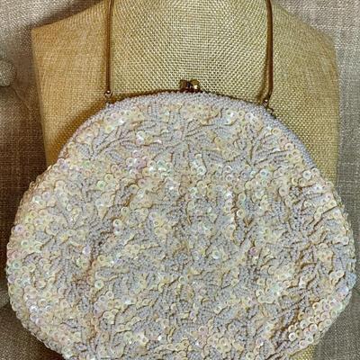 Vintage Le Regale Ltd Seed Bead Sequin & Satin Purse With Metal Handle 