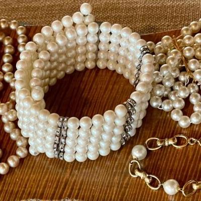 (3) Faux Pearl Bracelets - Wrap - Stretch - Gold Tone Bead - Double Strand Faux Pearl 22 Inch Necklace 
