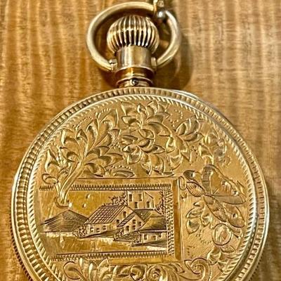 Stunning Antique Elgin Pocket Watch W Engraved 8K BWC CO Case & Rolled Gold Watch Fob W Pearl Slide 