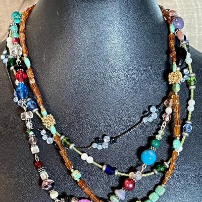 (4) Assorted Stone Bead 16 Inch Necklaces - Turquoise - Amber - Art Glass Beads - Garnet - Rhinestone & More