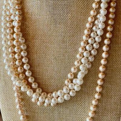 (2) Faux Pearl Strands - Liz Claiborne Pink 52 Inch & 48 Inch Cream Strand 