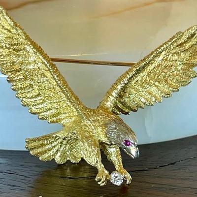 Tiffany 18K Gold, Ruby & Diamond Eagle Pin - Total Weight 14.8 Grams W Recent GIA Appraisal - $5650.00