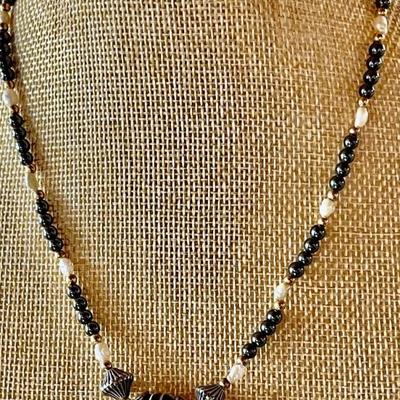 Vintage Black Bead, Silver And Fresh Water Pearl 16 Inch Necklace