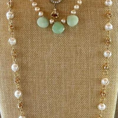 (3) Vintage Faux Bead Necklaces - 18 Inch Green Stone & Double Strand - 36 Inch Gold Tone 